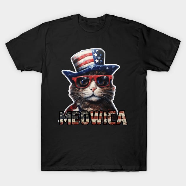 Meowica 4th of July Cat American Flag America USA Funny T-Shirt by GodiesForHomies